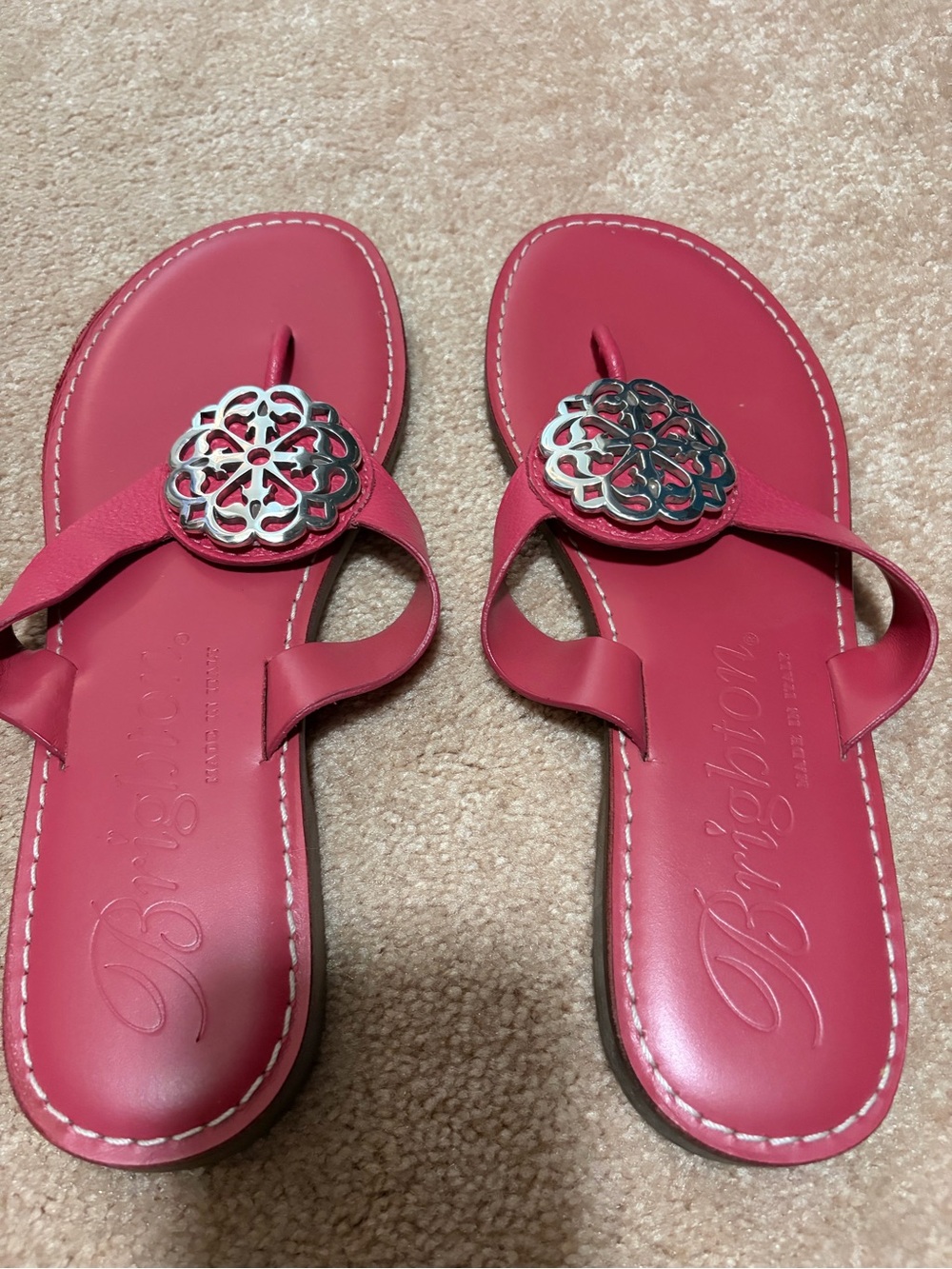 Brighton Alice Pink Leather Thong Sandals with Silver Medallions